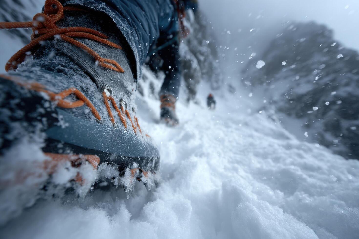 A person wearing snow boots walking up a snowy mountain photo