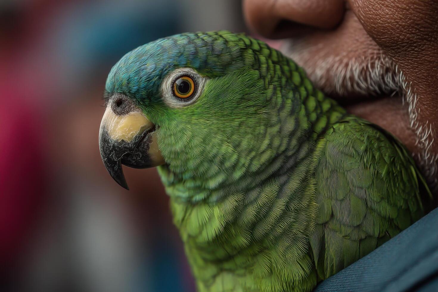 A man holding a green parrot on his shoulder photo