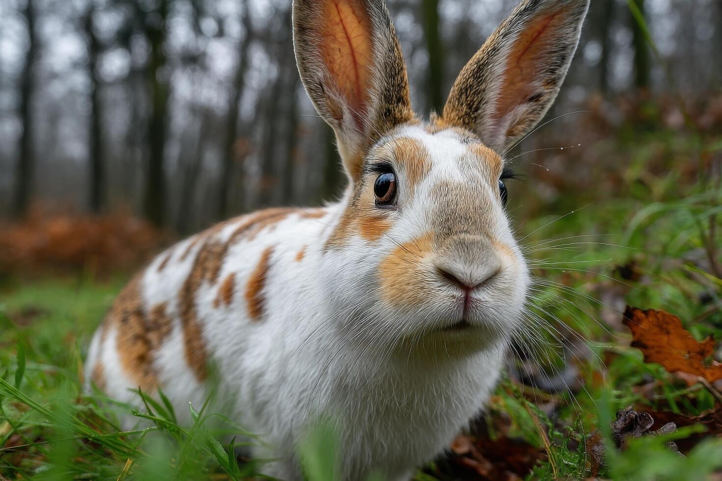 A rabbit is sitting in the grass in the woods photo