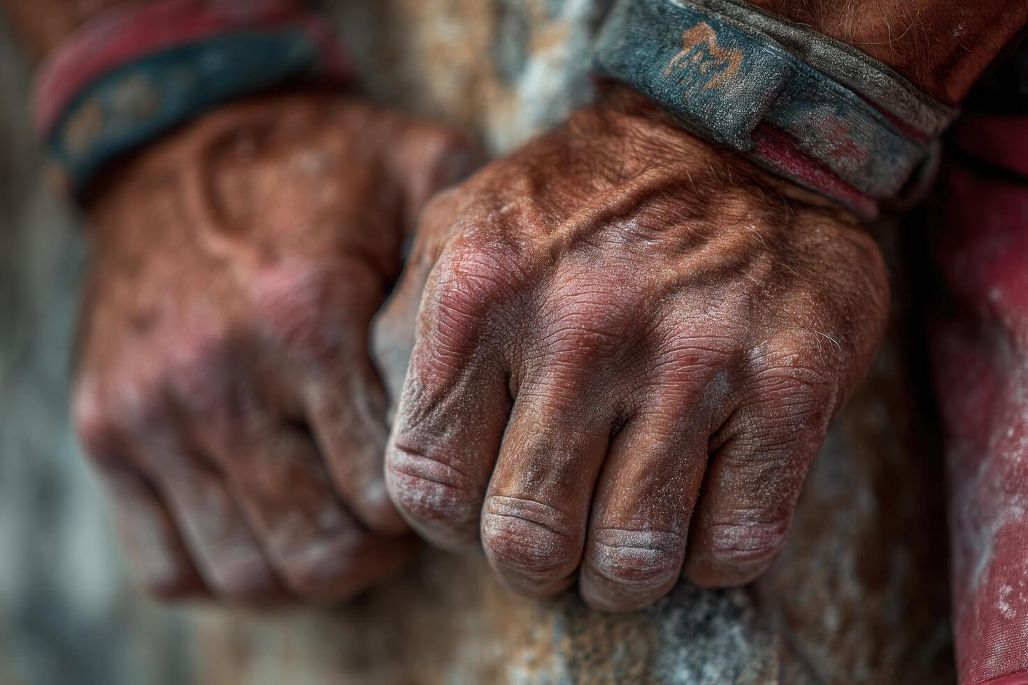 A close up of a man's hands with red and white wrist bands photo