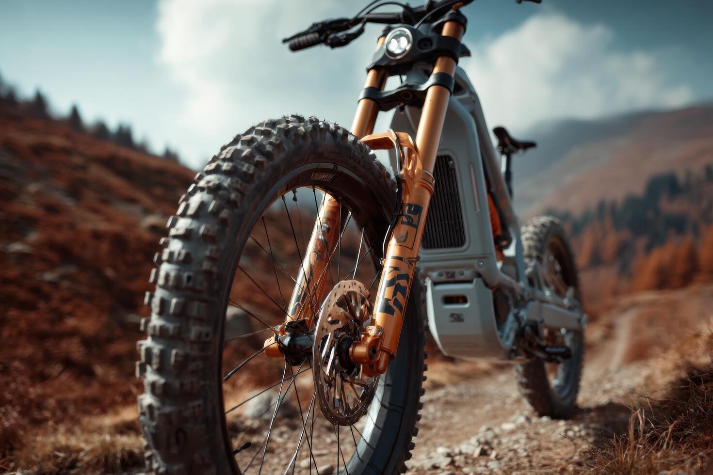 An electric bike parked on a dirt road photo