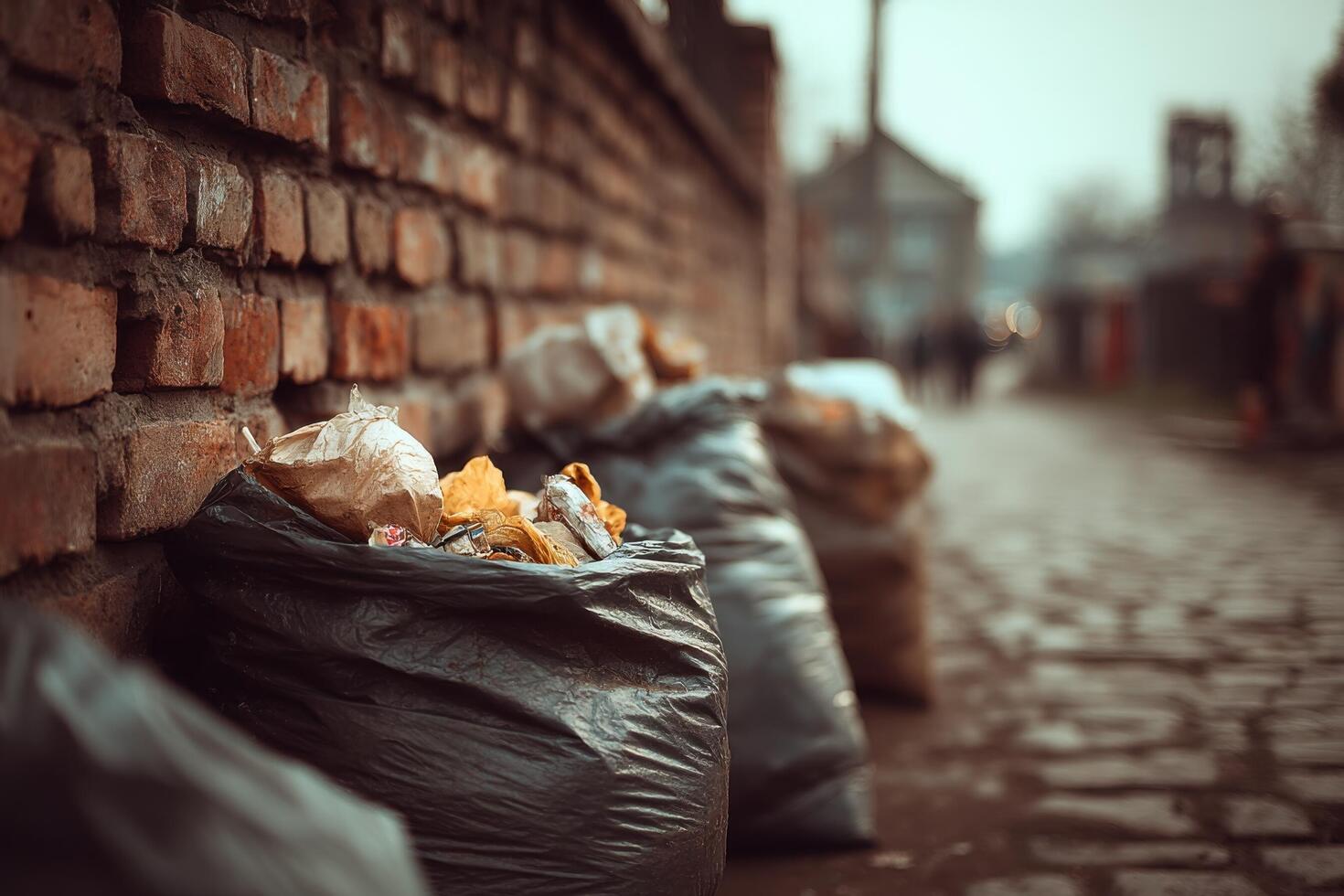 Garbage bags on the side of a brick wall photo
