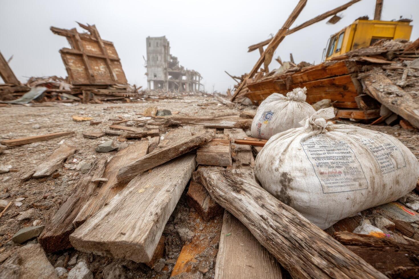 A pile of rubble with bags on the ground photo