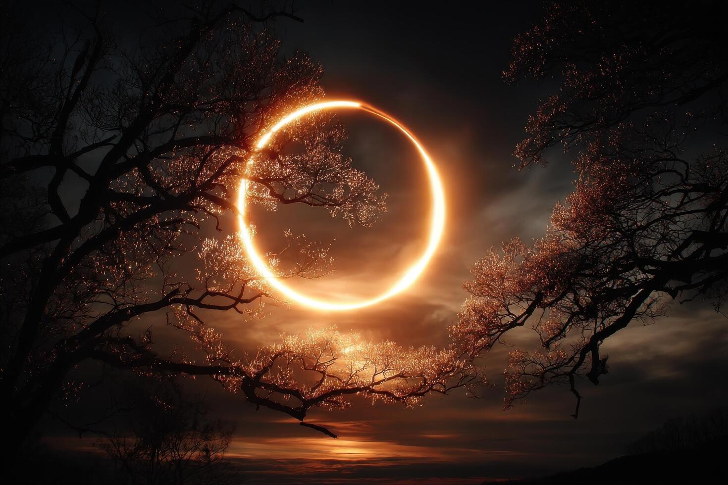 A ring of fire in the sky over trees photo