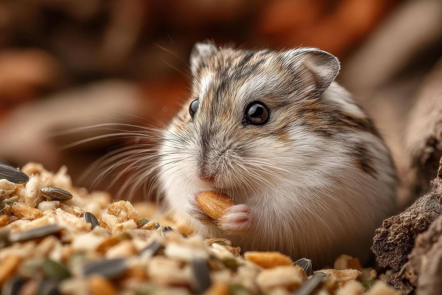 A hamster eating some seeds and nuts photo