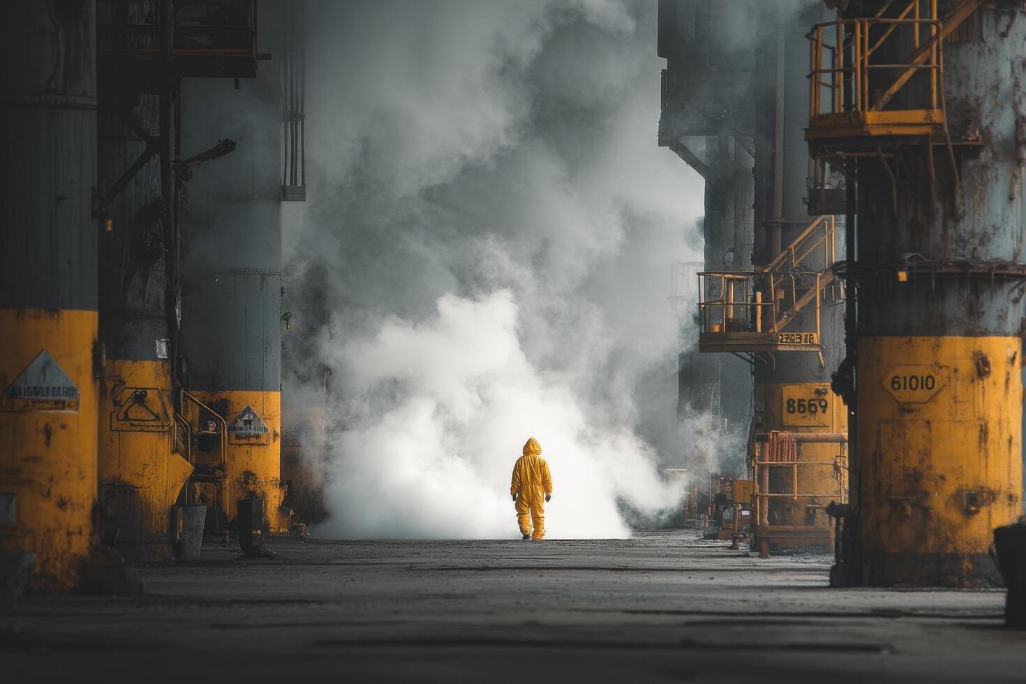 A person in a yellow rain suit standing in front of smoke photo