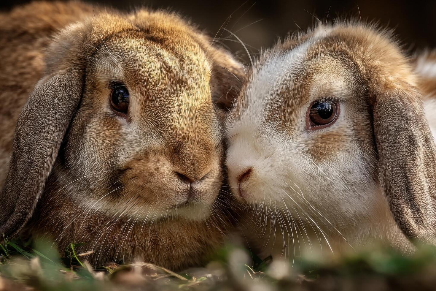 Two rabbits are laying on the grass together photo