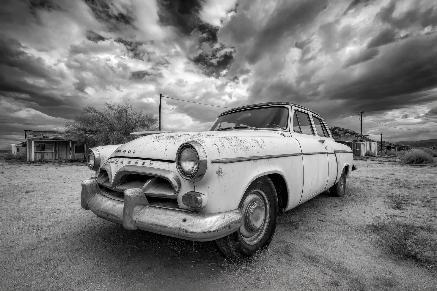 An old car sits in the desert under a cloudy sky photo
