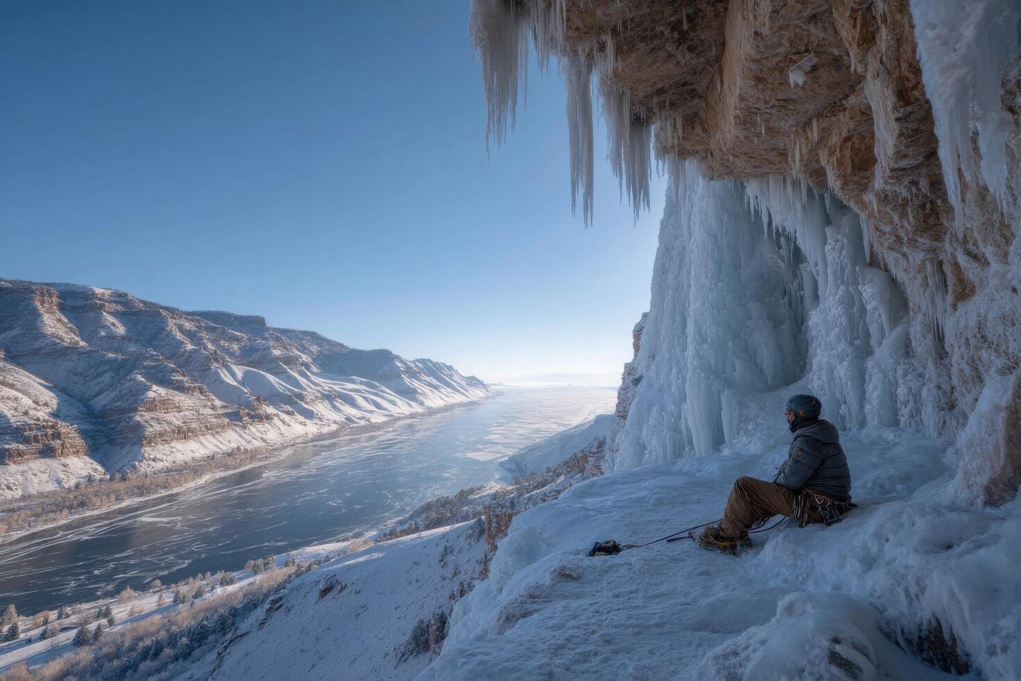 A man sitting on the edge of a cliff with ice formations photo