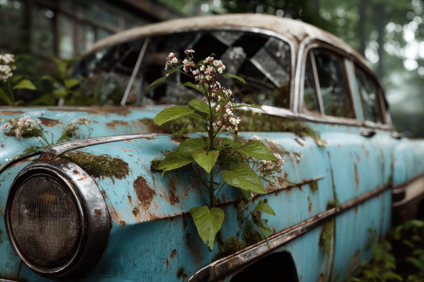 An old car with flowers growing on it photo