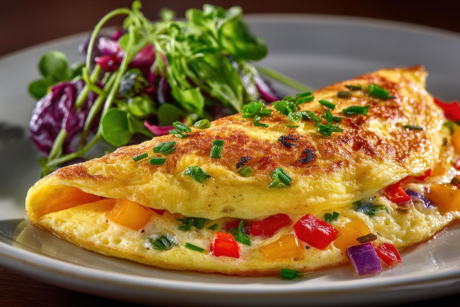 An omelet with vegetables and a salad on a plate photo