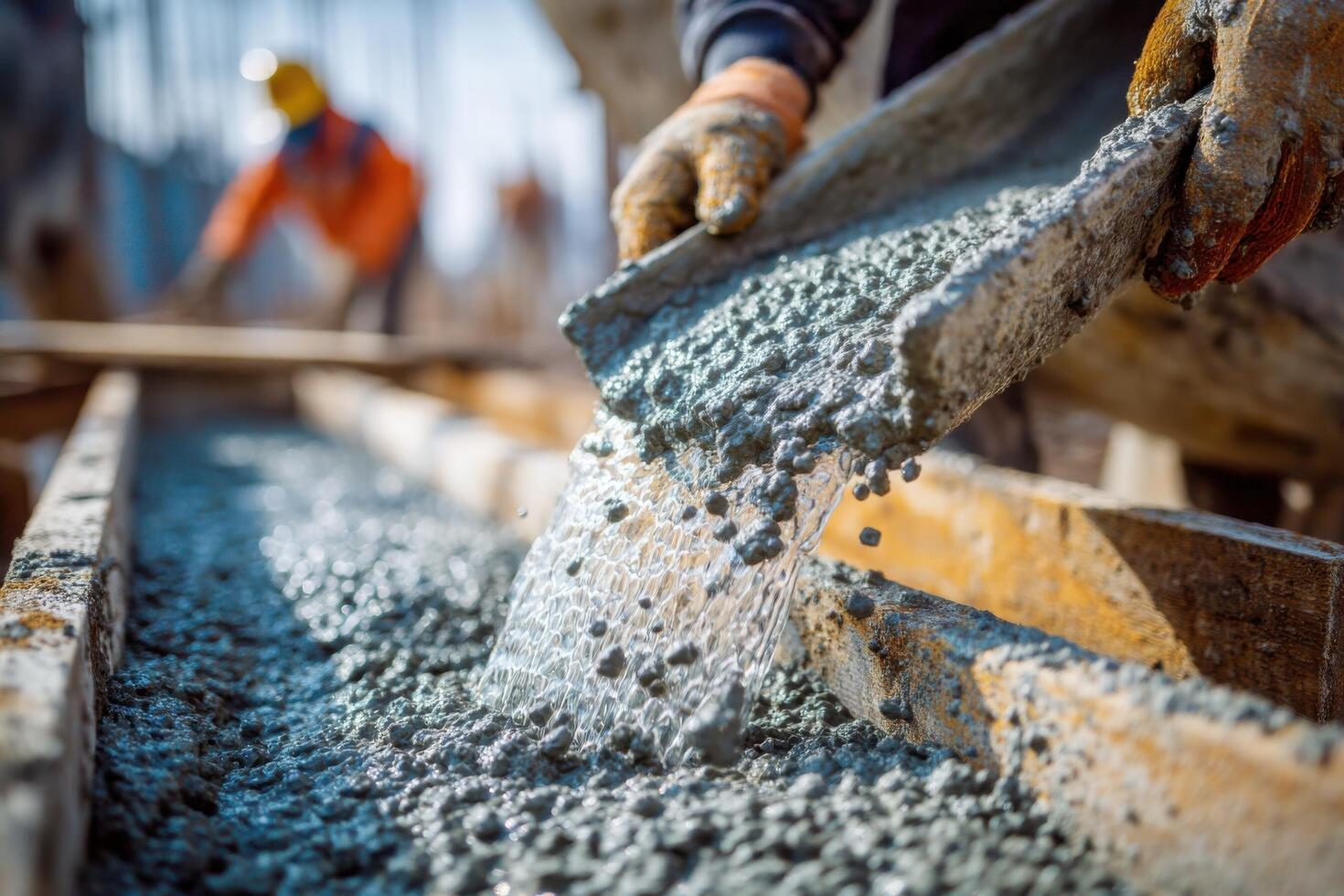 A worker pouring concrete into a concrete mixer photo