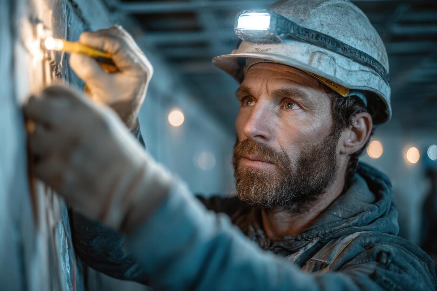 A man in a hard hat and helmet is holding a flashlight photo
