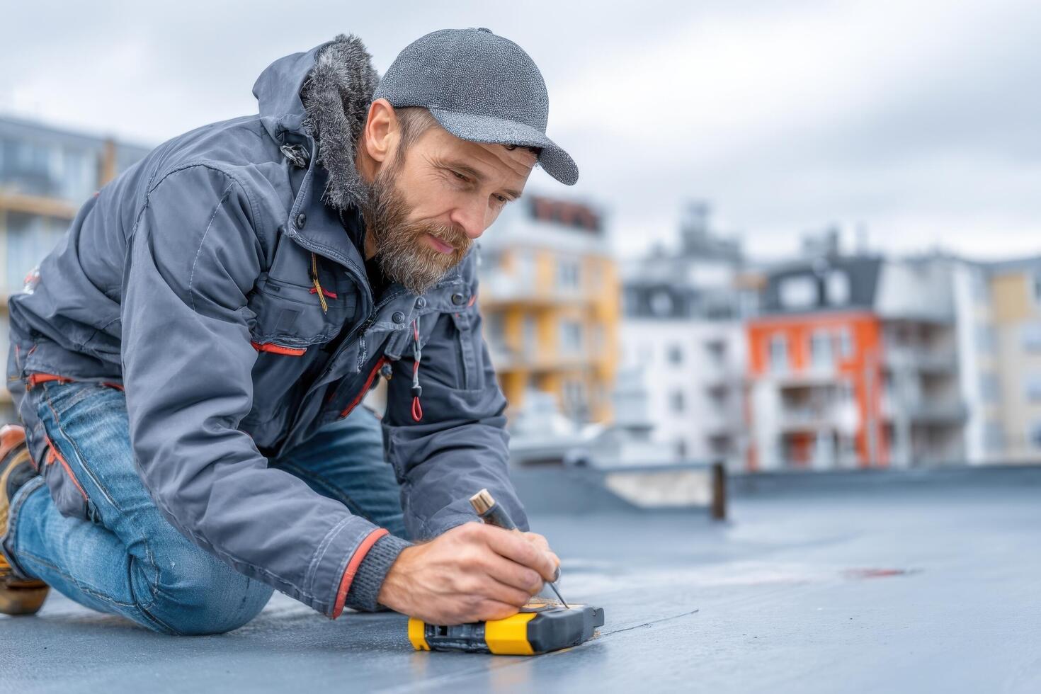 A man is working on a roof with a tool photo