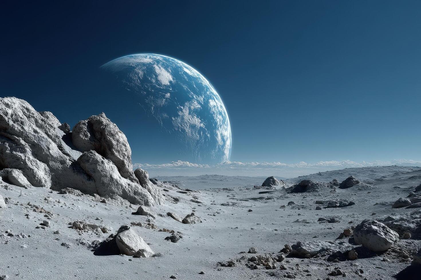 An alien landscape with rocks and a blue planet photo
