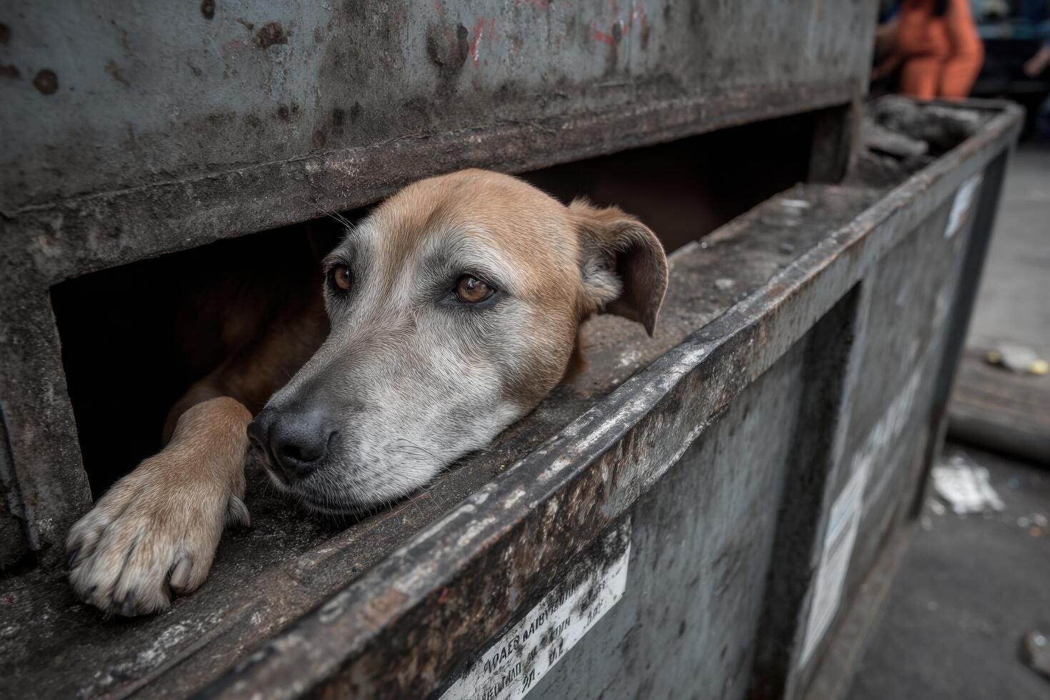 A dog is resting in a dumpster photo