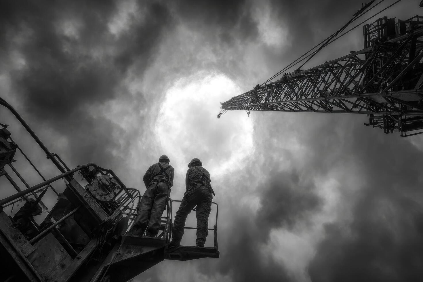 Two men standing on a construction platform looking at a crane photo