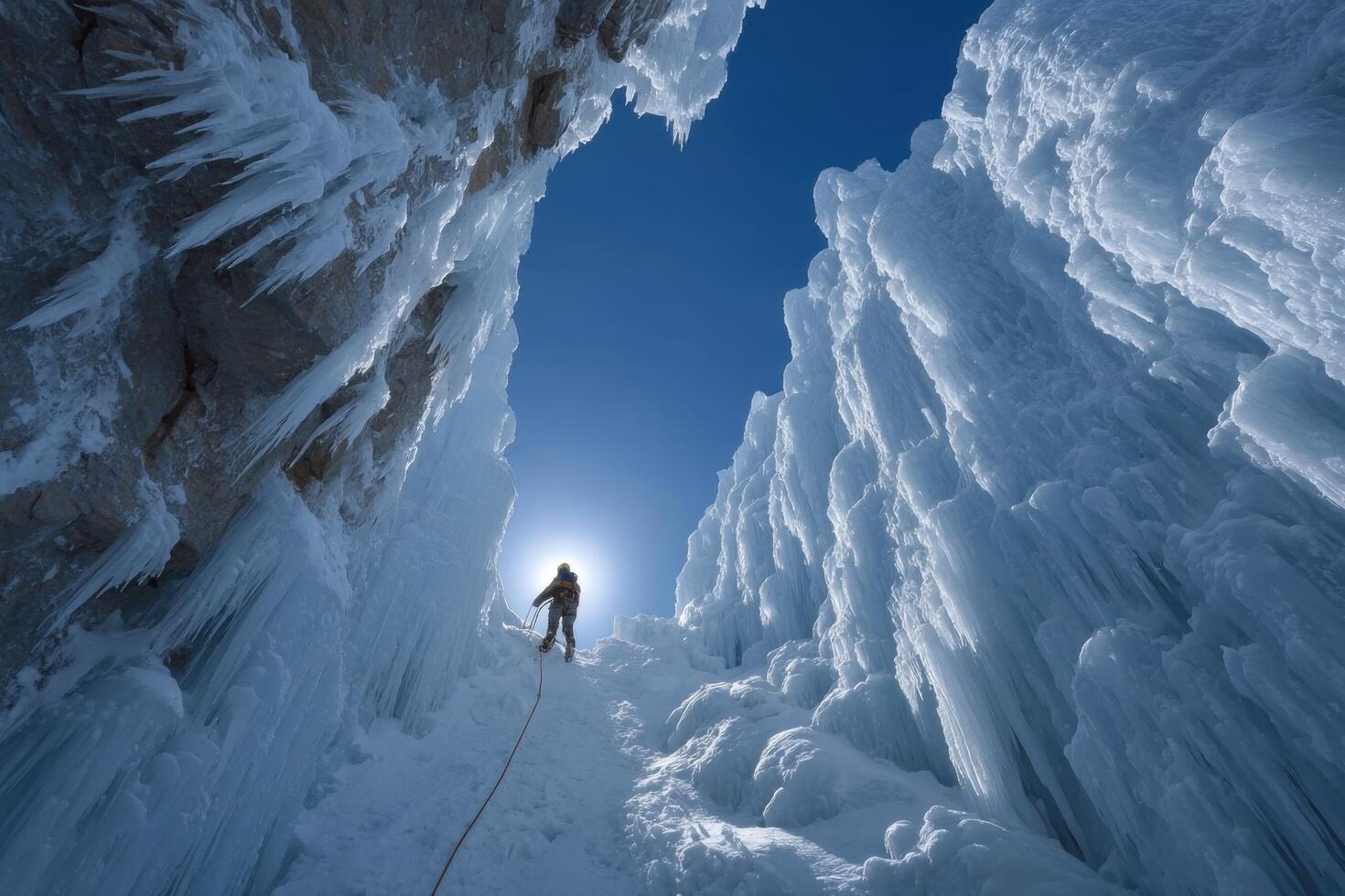 A person climbing up an ice cave photo