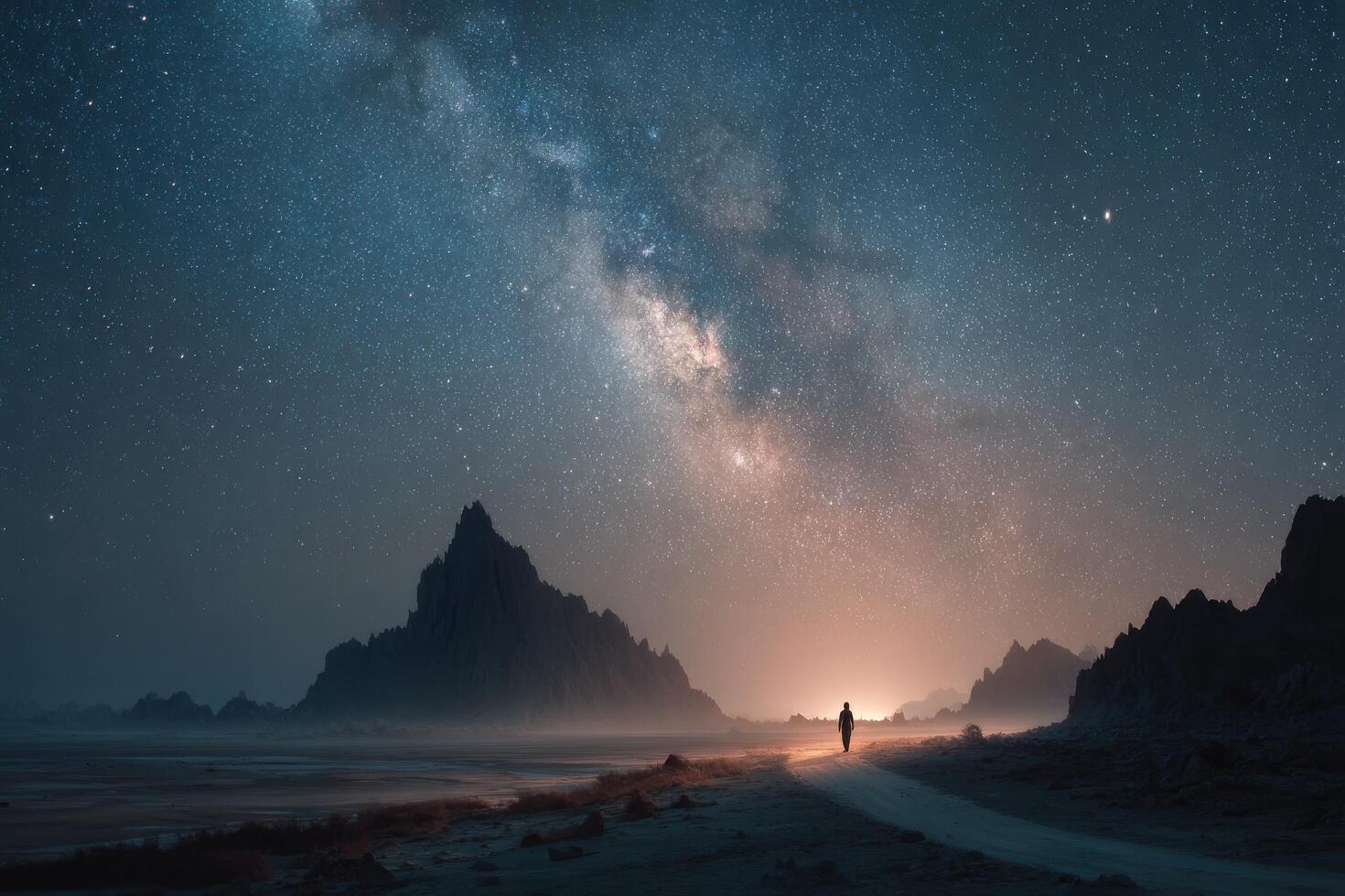 A man standing on a road at night with the milky above him photo