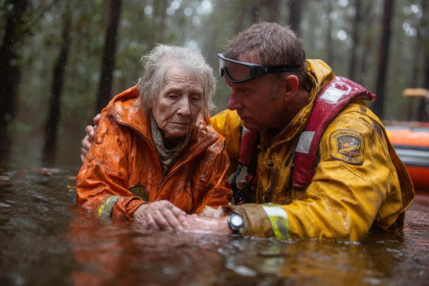 A man and woman in the water with a fireman photo