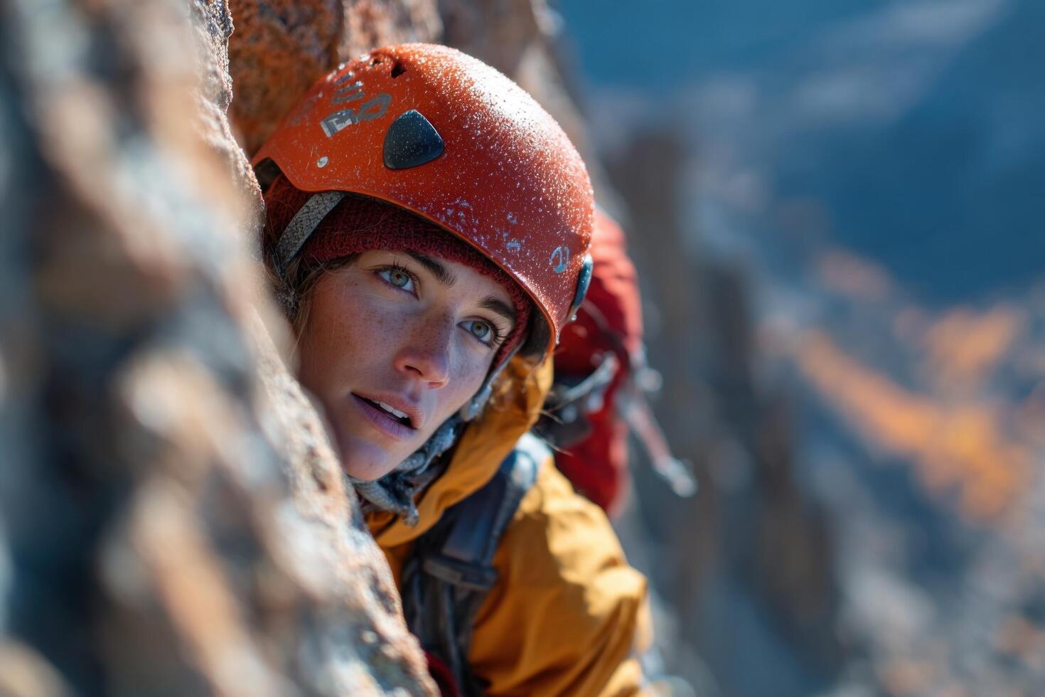 A woman wearing an orange helmet and climbing gear photo