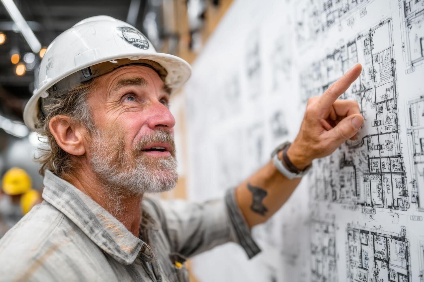 A man in a hard hat pointing at a blueprint photo