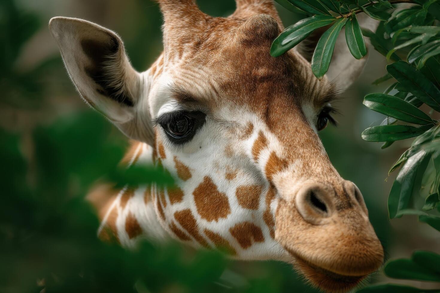 A giraffe looking over a tree branch photo