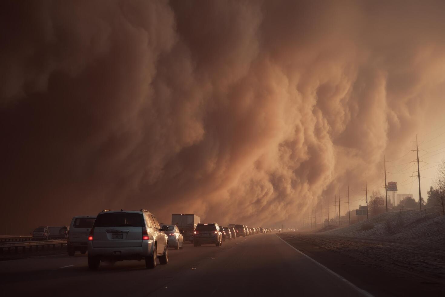 Cars driving down a highway in front of a huge dust cloud photo