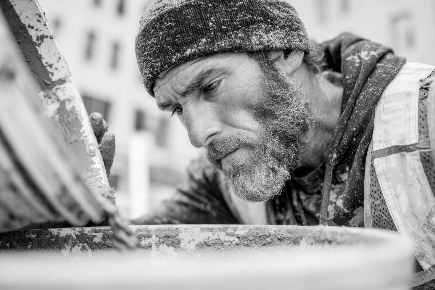 A man with a beard and a hat is pouring cement into a bucket photo