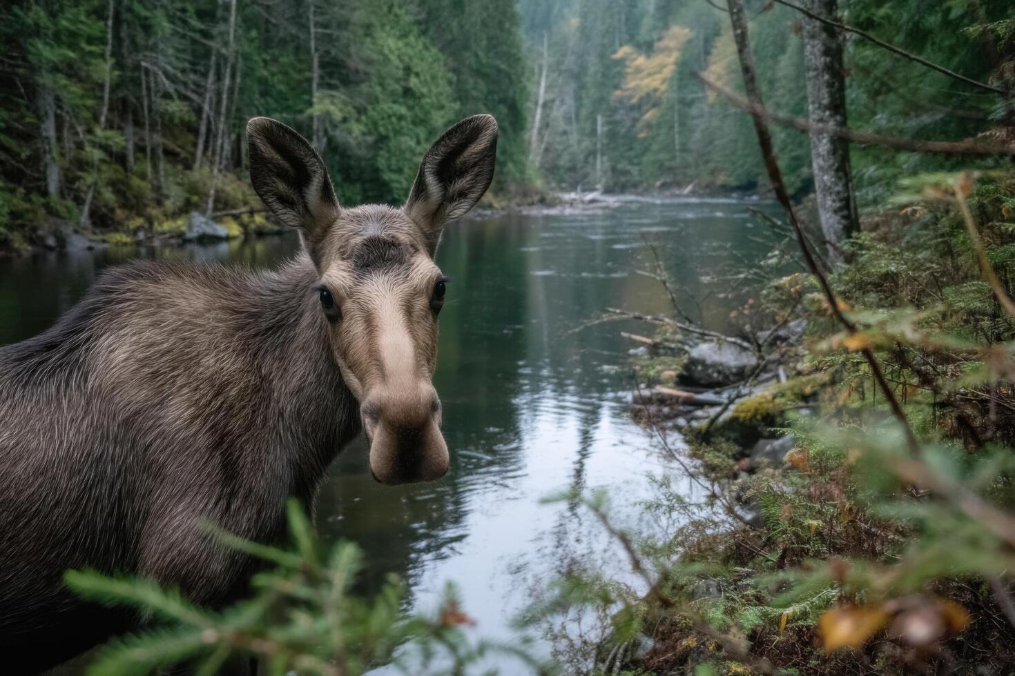 A moose is standing in the water near a river photo