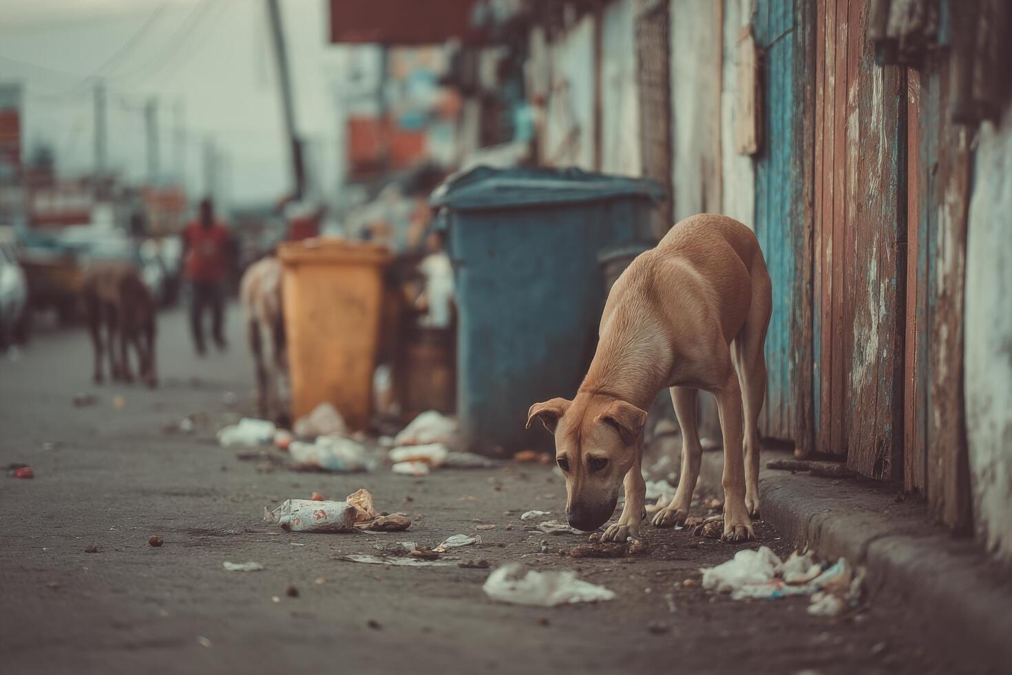 A dog is standing on the side of a street photo