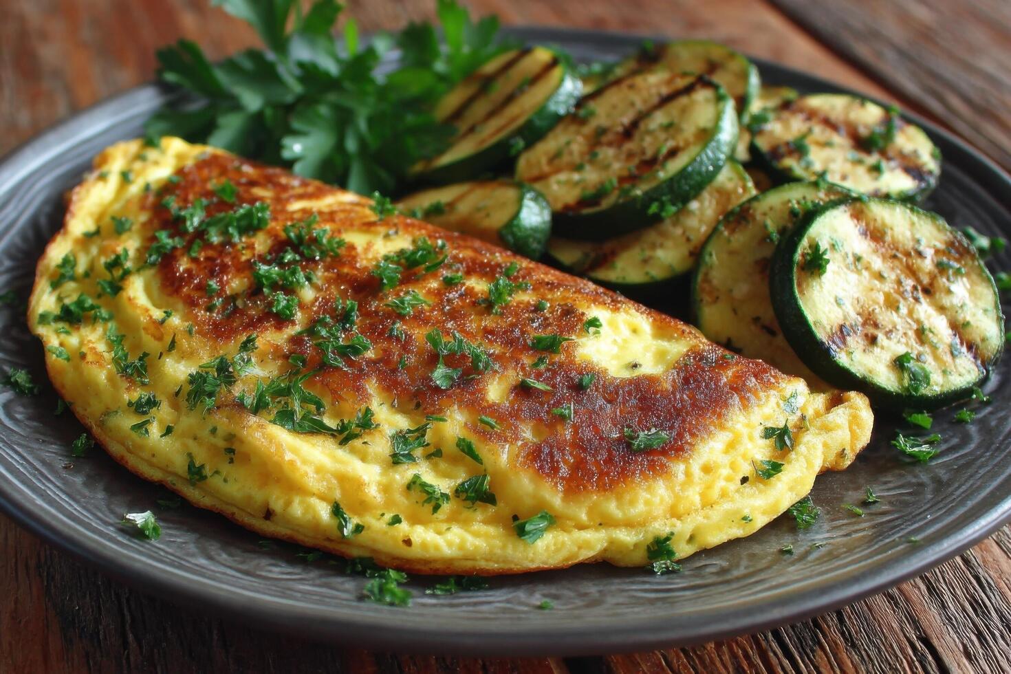 An omelet with zucchini and herbs on a plate photo