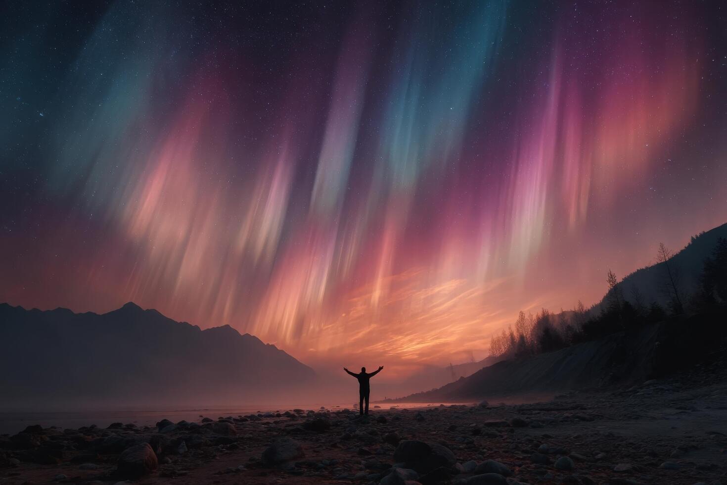 A person standing on the beach with their arms outstretched in front of a colorful aurora bore photo