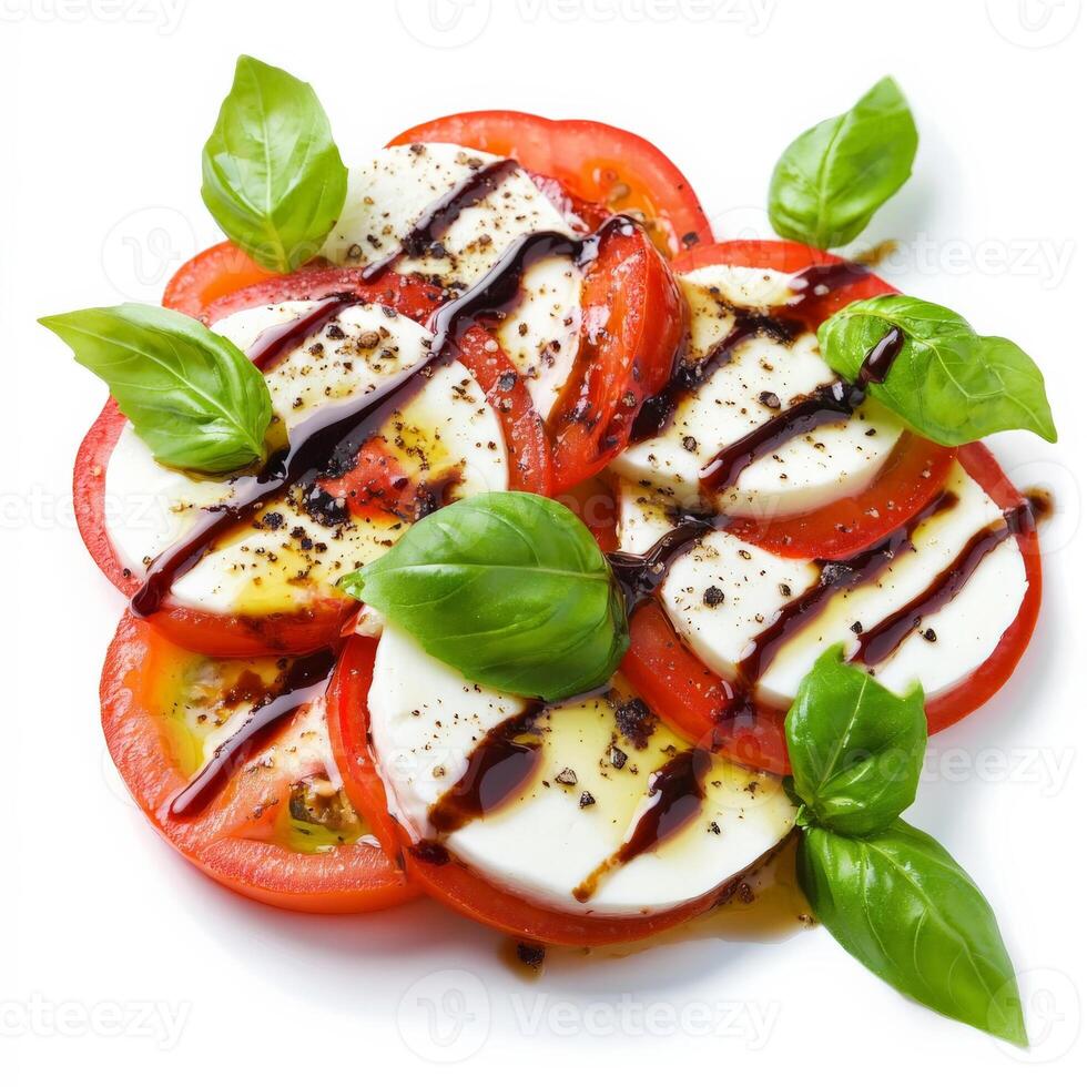 A fresh caprese salad with thick slices of ripe tomatoes and creamy mozzarella, drizzled with balsamic glaze and extra virgin olive oil, garnished with fresh basil leaves. A light and flavorful Italian dish. Isolated on clean white background photo