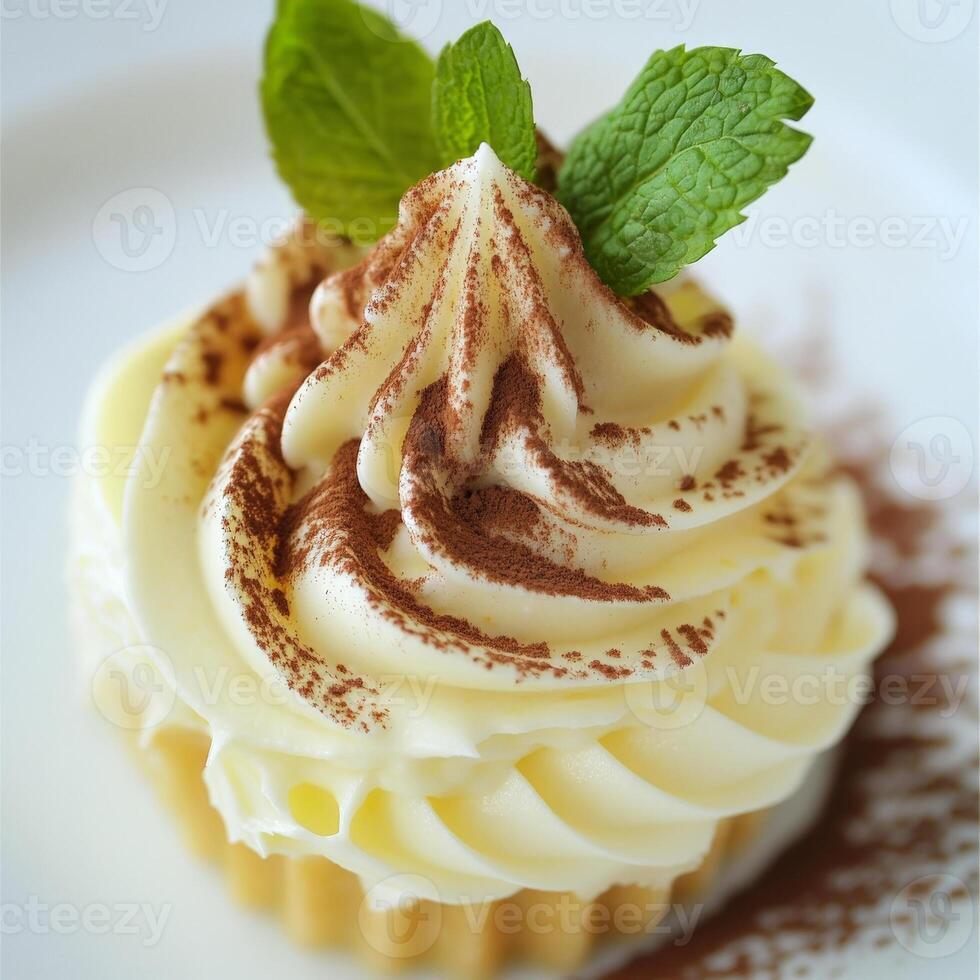 A close-up of a decadent crema pasticcera dessert, a rich and creamy Italian pastry cream, made with milk, eggs, sugar, flour, and infused with lemon zest, vanilla, or other flavorings, used as a filling for pastries and cakes, or served on its own as a d photo