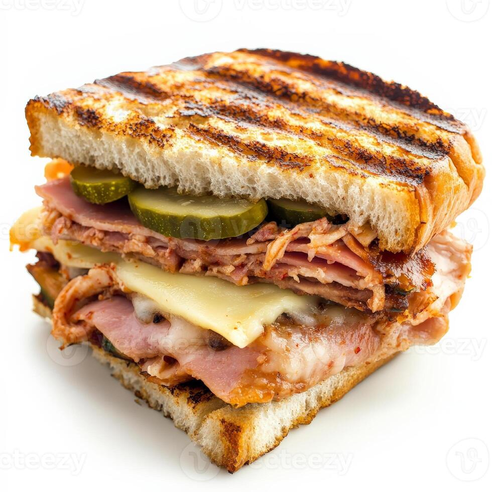 A close-up of a Cuban sandwich, enriched with the tangy and spicy flavours of Korean kimchi, featuring roasted pork, ham, Swiss cheese, pickles, and kimchi mayo, served on grilled Cuban bread, a unique and flavorful twist on a popular sandwich, isolated o photo