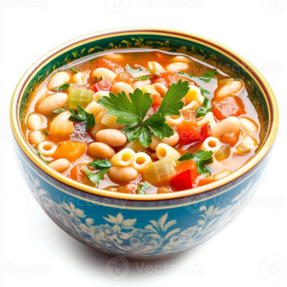 A vibrant bowl of pasta e fagioli, a hearty Italian pasta and bean soup, with ditalini pasta, cannellini beans, tomatoes, and vegetables, simmered in a flavorful broth and garnished with fresh parsley, isolated on clean white background. photo