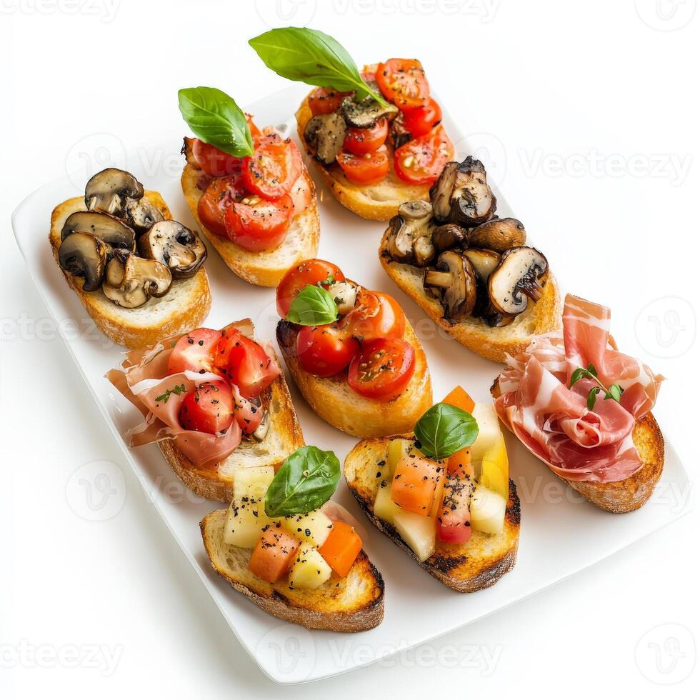 A vibrant platter of assorted bruschetta, featuring grilled bread topped with various toppings, such as fresh tomatoes and basil, mushrooms and truffle oil, and prosciutto and melon, perfect for an appetizer, isolated on clean white background. photo