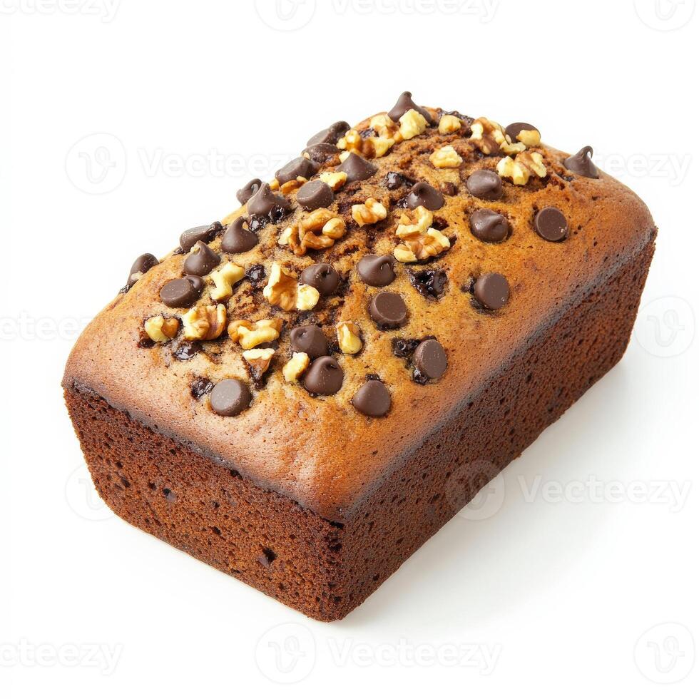 A freshly baked banana bread loaf with a golden crust and a moist, dense interior. The surface is speckled with dark chocolate chips and chopped walnuts, adding extra sweetness and crunch. Isolated on clean white background photo