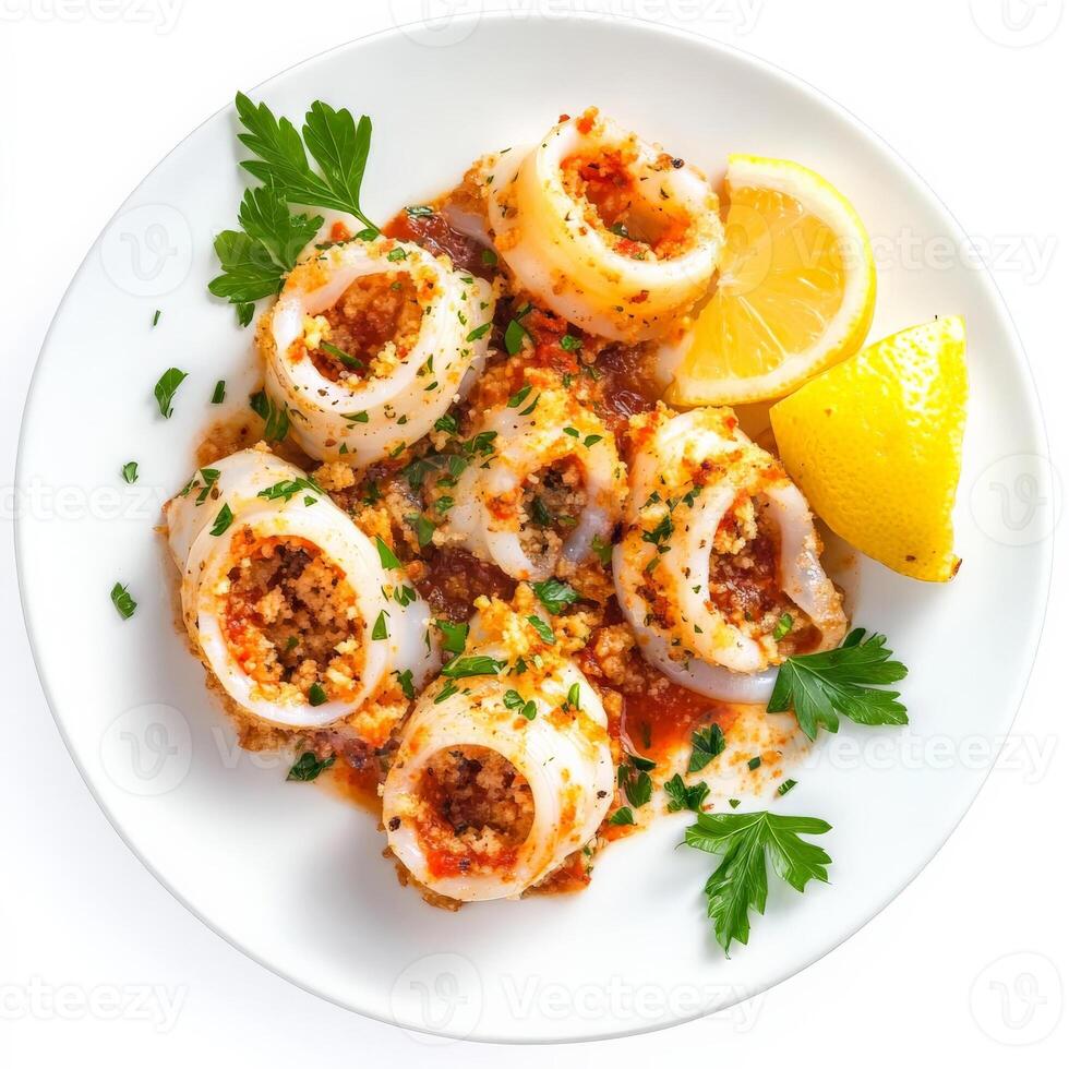 A plate of calamari ripieni, featuring squid stuffed with breadcrumbs, herbs, and Parmesan cheese, baked or braised in a tomato sauce, a classic Italian seafood dish, garnished with fresh parsley and served with a side of lemon wedges, isolated on clean w photo