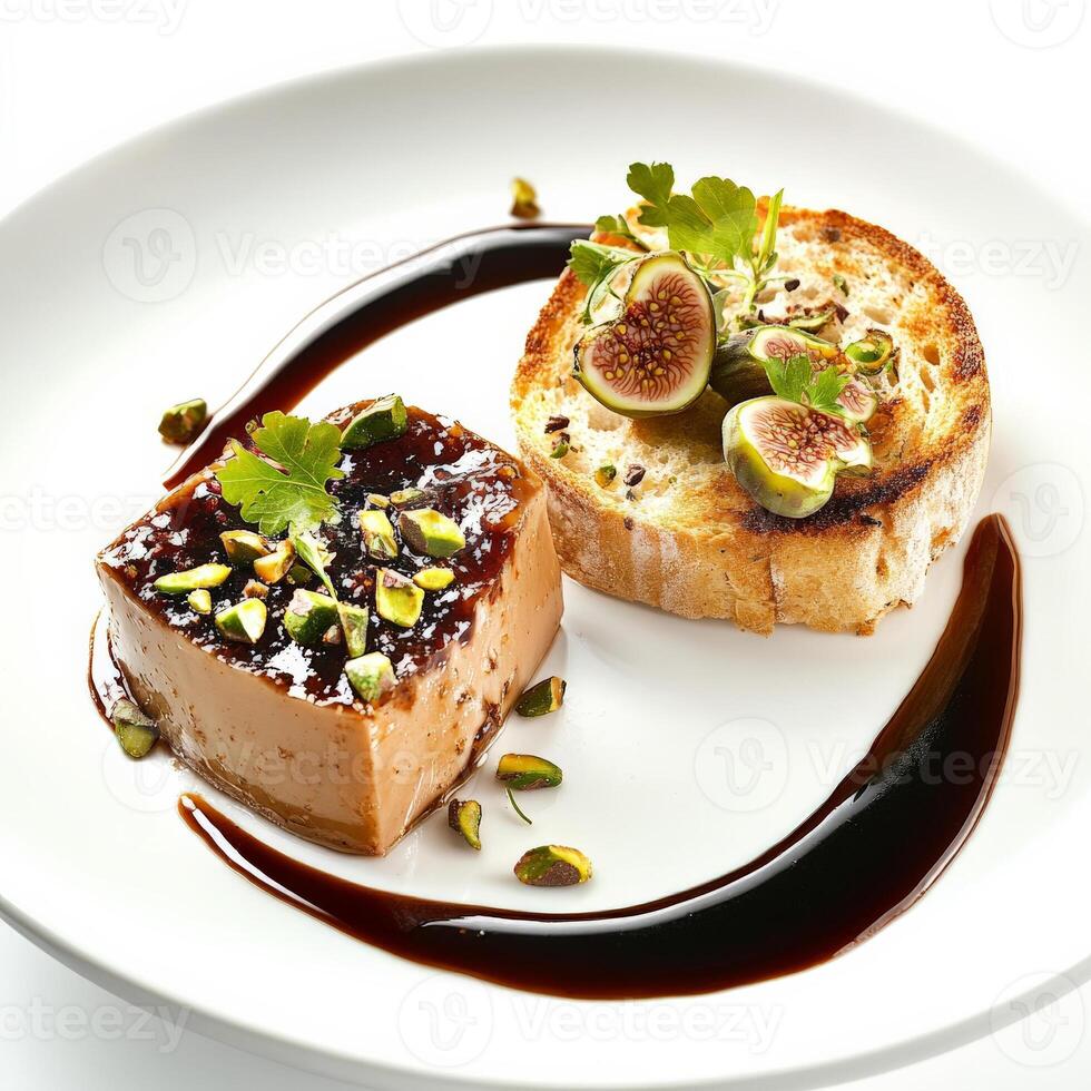 A plate featuring a delicate foie gras terrine, its smooth texture contrasting with a spicy fig jam and crispy brioche toast, presented with a drizzle of balsamic glaze and a scatter of toasted pistachios, highlighting the richness and complexity of flavo photo