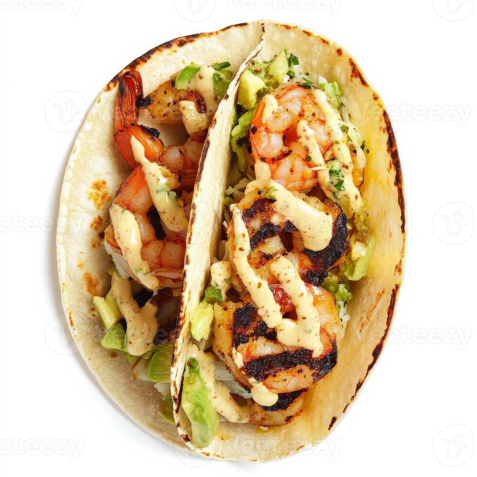 A close-up of a Mexican taco, transformed with the bold and savory flavors of Japanese cuisine, featuring a corn tortilla, filled with grilled shrimp, avocado, pickled ginger, and a wasabi mayo, a unique and flavorful take on a Mexican favorite, isolated photo