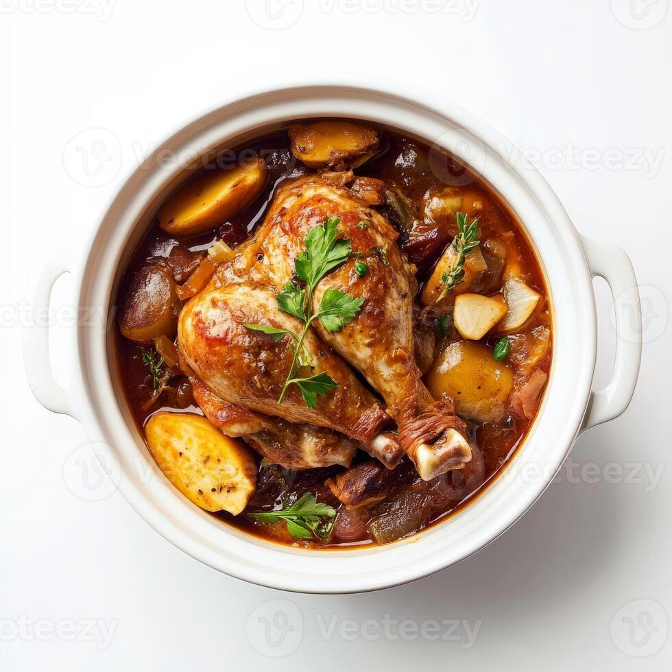 A modern interpretation of a classic French dish, perhaps a reimagined bouillabaisse or coq au vin, drawing inspiration from tradition while adding contemporary flair, the balance of innovation and respect for heritage, isolated on clean white background. photo