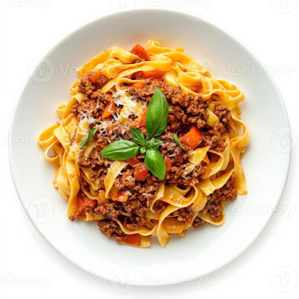 A plate of tagliatelle alla bolognese, featuring long, flat egg noodles tossed in a rich and flavorful meat sauce, made with ground beef, pancetta, tomatoes, onions, carrots, celery, and red wine, a classic Emilia-Romagna dish, garnished with freshly grat photo
