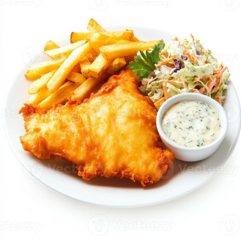 A plate of crispy golden fish and chips, served with tartar sauce, malt vinegar, and a side of coleslaw. The battered fish is flaky inside, paired with perfectly fried thick-cut fries. A British classic. Isolated on clean white background photo