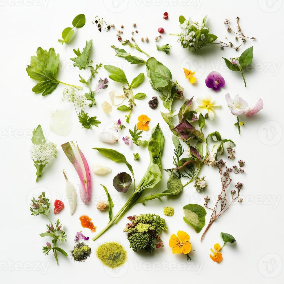 A presentation that mimics nature, with ingredients arranged to resemble a landscape, garden, or other natural element, drawing inspiration from the source of the food and creating an organic feel, isolated on clean white background. photo