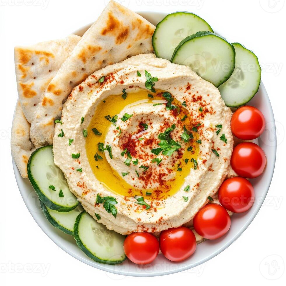 A bowl of creamy hummus, drizzled with olive oil and sprinkled with paprika. The dip is surrounded by fresh pita bread, cucumber slices, and cherry tomatoes, making for a delicious and healthy Mediterranean appetizer. Isolated on clean white background photo