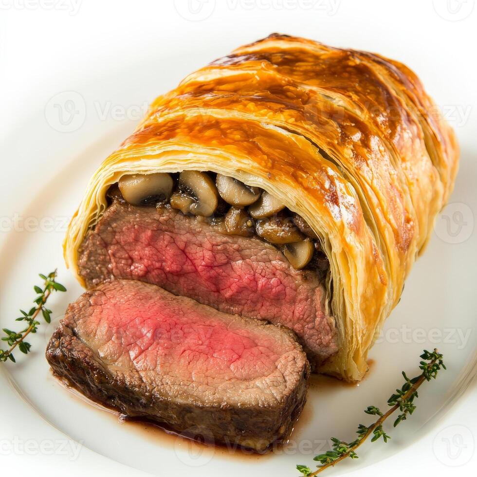A beautifully plated beef Wellington, featuring tender beef fillet wrapped in mushroom duxelles and golden puff pastry, sliced open to reveal a perfect medium-rare center. Isolated on clean white background photo