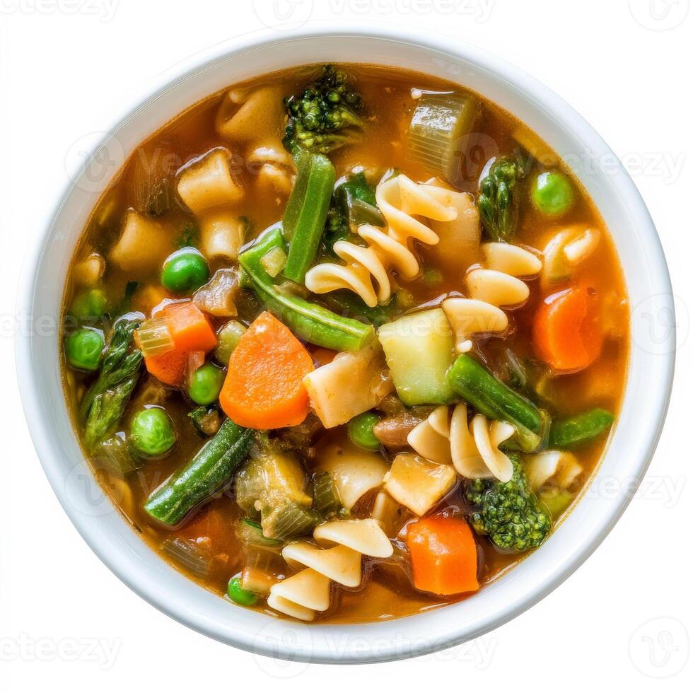A bowl of Italian minestrone soup, transformed with the rich and creamy flavors of Japanese miso soup, featuring a flavorful broth, mixed vegetables, pasta, and a miso paste infused with dashi broth and a touch of ginger, a comforting and aromatic fusion photo