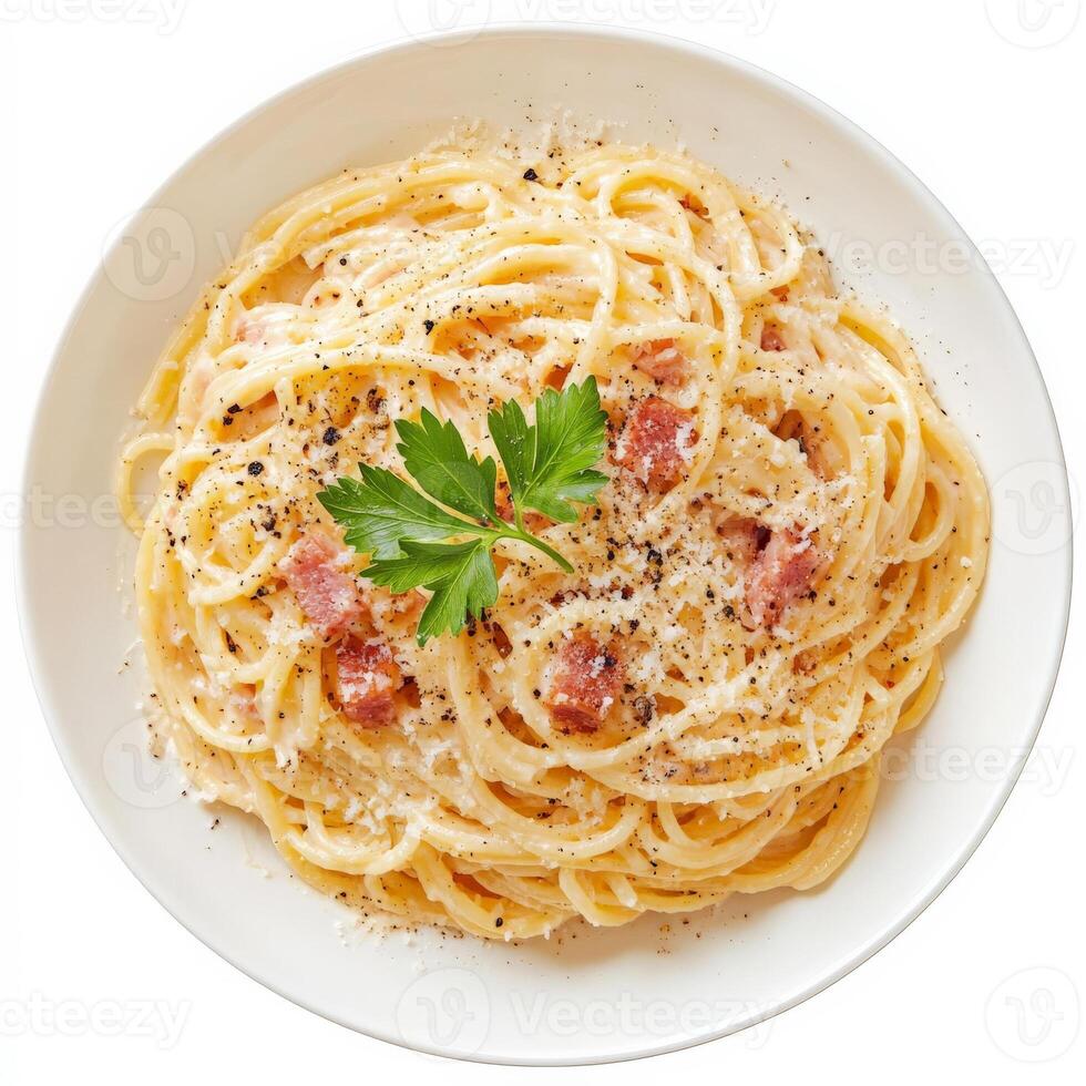A vibrant plate of spaghetti alla carbonara, featuring al dente spaghetti tossed with creamy egg sauce, pancetta, pecorino romano cheese, and freshly ground black pepper, garnished with a sprig of fresh parsley, isolated on clean white background. photo